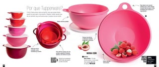 Alça lateral com encaixe
perfeito para o dedo polegar,
controle total da peça e mais
facilidade para misturar os
ingredientes
Bases externas polidas
Brilho por fora e
proteção contra
arranhões por dentro Para otimizar espaço em seu
armário, guarde as Criativas
abertas, uma dentro da outra
Tampas herméticas
e estanques também
conservam o alimento
Bases internas
texturizadas
29%
de desconto na
Maxi Criativa
7,8 Litros
DES
CON
TO
Por que Tupperware?
NOVA COR
A linha Criativa possui vários tamanhos, seja para aquela família
grande ou para quem mora sozinho. Pequena, média, grande, elas
são do tamanho que você precisa para o preparo da sua receita.
Aproxime seu smartphone
do QR Code, para assistir
ao vídeo do produto
801079
Maxi Criativa - 7,8 Litros
36,4cm de diâm. x 15,6cm de alt.
Preço sugerido: R$112,00
Por apenas: R$79,00
1
4544
1
 