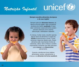 vitrine10-regiaoA_regiao A 8/6/12 3:19 PM Page 32




       Nutrição Infantil
                                                    Sempre escolha alimentos da época
                                                             e de sua região!

                                                     Sempre opte por alimentos frescos, da
                                                     época e de sua região. Além de garantir
                                                      produtos de melhor qualidade e maior
                                                     valor nutricional, esses alimentos podem
                                                         prevenir doenças como anemia,
                                                        desnutrição, obesidade e diabetes.

                                                     A criança, muitas vezes, escolhe apenas
                                                       alguns tipos de alimentos. É papel da
                                                       família acostumá-las a comer frutas,
                                                      verduras e legumes desde cedo. Esses
                                                        alimentos são importantes fontes de
                                                     vitaminas, cálcio, ferro e fibras e contêm
                                                    importantes nutrientes que elas precisam
                                                           para crescer e se desenvolver
                                                                    plenamente.

                                                         Quando a família tem bons hábitos
                                                        alimentares, ensina, naturalmente, a
                                                    criança a se alimentar de forma saudável.




  32
 