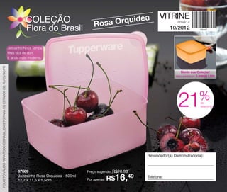 vitrine10-regiaoA_regiao A 8/6/12 3:22 PM Page 60




                                                                                        COLEÇÃO                                      ea                  VITRINE
                                                                                                                          Rosa Orquíd                             REGIÃO A

                                                                                        Flora do Brasil                                                       10/2012


                                                                             Jeitosinho Nova Tampa:
                                                                             Mais fácil de abrir.
                                                                             E ainda mais moderna.
 FOLHETO VÁLIDO PARA TODO O BRASIL, EXCETO PARA OS ESTADOS DE: RJ/ES/SC/PR




                                                                                                                                                                     Monte sua Coleção!
                                                                                                                                                                              Laranja Lírio
                                                                                                                                                                 Veja a próxima cor:




                                                                                                                                                                                       %
                                                                                                                                                                   21                  de
                                                                                                                                                                                       desconto




                                                                                                                                                  Revendedor(a) Demonstrador(a):



                                                                                   87609                              Preço sugerido:   R$20,99
                                                                                   Jeitosinho Rosa Orquídea - 500ml
                                                                                   12,7 x 11,5 x 5,5cm                Por apenas:   R$16,49       Telefone:
 