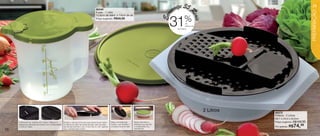 vitrine10-regiaoB_regiao B 8/6/12 3:13 PM Page 28




                                                                                                                                                                                        3
                                                                                                                                                                                   omize 5
                                                                                                                                                                                                                                               29
                                                                                                            86340




                                                                                                                                                                                                                                               PREPARAÇÃO
                                                                                                                                                                                                  Re
                                                                                                                                                                                Econ
                                                                                                            Exata - 1 Litro
                                                                                                            12,6cm de diâm. x 14cm de alt.




                                                                                                                                                                                                    ais
                                                                                                                                                                                              %
                                                                                                            Preço sugerido:      R$49,99

                                                                                                                                                                                  31            de
                                                                                                                                                                                                desconto
                                                                                                                                                                                       na Prática




                                                                                                                                                                                                           2 Litros   86372
                                                                                                                                                                                                                      Prática - 2 Litros
                                                                                                                                                                                                                      29,1 x 24,4 x 8,2cm
                 O ralo pode ser utilizado dos 2 lados. Rala em 3    Encaixe o ralo de forma que suas travas fiquem entre     Base chanfrada que         Tampa hermética e                                                          R$109,99
                                                                                                                                                                                                                      Preço sugerido:
                                                                                                                              facilita o uso durante o   estanque que permite
                 espessuras diferentes de acordo com a necessidade
                 e corta em fatias.
                                                                     os relevos ao redor da borda da base, afim de evitar
                                                                     que ele gire durante o uso. O som de um “clic” garante   processo de picar/ralar.   a conservação dos
                                                                                                                                                         ingredientes.
                                                                                                                                                                                                                      Por apenas: R$    74,
                                                                                                                                                                                                                                        99
   28                                                                que o encaixe está correto.
 