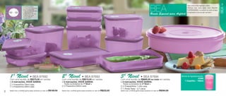 vitrine10-regiaoB_regiao B 8/6/12 3:12 PM Page 2




                                                                                                                                                                                                                              Veja como é fácil ganhar o BEA:
                                                                                                                                                                                                                                                                      3
                              O controle perfeito!


                                                                                                                                                                                            BEA




                                                                                                                                                                                                                                                                      BEA
                              • Tampa com sistema de                                                                                                                                                                          Ofereça sua casa para uma Reunião
                              datas, no qual cada                                                                                                                                                                             TUPPERWARE e incentive as suas amigas
                              número se refere ao mês
                              e cada pontinho à                                                                                                                       1                                                       a marcarem uma reunião também.
                              semana dentro do mês.
                              • Utilize a seta para
                                                                                                                                                                                            Brinde Especial para Anfitriã
                              marcar a data do
                              congelamento.



                                                              4                                                                                                                                                                                5




                                                                                                                               3
                          2




            1º uma reunião de • BEA 87692
            Com
                Nível R$375,00 em vendas                                        2º uma reunião de • BEA 87693
                                                                                Com
                                                                                    Nível R$515,00 em vendas                                        3º uma reunião de • BEA 87694 em vendas
                                                                                                                                                    Com
                                                                                                                                                        Nível R$695,00 ou mais                                          Brinde de Agradecimento:
                                                                                                                                                                                                                                          87695
            e 2 marcações, VOCÊ GANHA:                                          e 2 marcações, VOCÊ GANHA:                                          e 2 marcações, VOCÊ GANHA:                                             1 Copinho - 150ml
             1   2 Freezertime 700ml cada                                           Todos os produtos do 1º Nível +                                     Todos os produtos do 2º Nível +
             2   4 Freezertime 300ml cada                                       3   2 Freezertime 650ml cada                                        4   2 Freezertime 1 Litro cada
                                                                                                                                                    5 1 Porta Torta - 3,7 Litros
            Neste nível, a Anfitriã ganha esses produtos no valor de R$169,94   Neste nível, a Anfitriã ganha esses produtos no valor de R$233,92   Neste nível, a Anfitriã ganha esses produtos no valor de R$394,89
    2
 