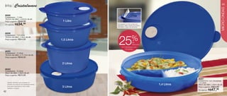 vitrine10-regiaoB_regiao B 8/6/12 3:14 PM Page 42




                                                                                                                                                     43
      linha         Cristalwave




                                                                                                                                                    MICRO-ONDAS
      86295
      Cristalwave - 1 Litro
      19,2cm de diâm. x 6,5cm de alt.
                    R$39,99
      Preço sugerido:                                    1 Litro
      Por apenas: R$      34,
                         49                                          Para aquecer no micro-ondas com
                                                                     segurança, utilize a abertura da tampa
                                                                     para liberar o vapor dos alimentos.



      86296
      Cristalwave - 1,5 Litros

                                                                                            %
                                                                       25
      19,2cm de diâm. x 9cm de alt.
      Preço sugerido:    R$44,99                        1,5 Litros
                                                                                        de
                                                                                        desconto
                                                                           no Cristalwave com
                                                                               Divisórias
      86293
      Cristalwave - 2 Litros
      19,2cm de diâm. x 11,7cm de alt.
      Preço sugerido:    R$49,99


                                                        2 Litros
      86423
      Cristalwave - 3 Litros
      26cm de diâm. x 9cm de alt.
      Preço sugerido:    R$72,99
                                                                                                                           86297
                                                                                                                           Cristalwave com Divisórias
         Atenção: alimentos que contenham ou                                                                               1,4 Litros
         precisem de acréscimo de substâncias oleosas                                                         1,4 Litros   26cm de diâm. x 6cm de alt.
         para serem aquecidos no micro-ondas,
         danificam o produto.
                                                        3 Litros                                                                         R$64,99
                                                                                                                           Preço sugerido:

   42
                                                                                                                           Por apenas: R$    47,
                                                                                                                                              99
 