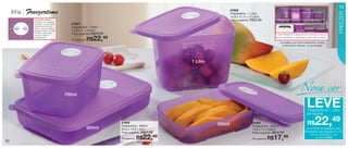 vitrine12-regiaoB_regiao B 9/27/12 11:00 AM Page 52




                                                                                                                                                                                                                                               53
                                                                                                                                    87808
         linha       Freezertime




                                                                                                                                                                                                                                               FREEZER
                                                                                                                                    Freezertime - 1 Litro
                                                                                                                                    14,9 x 11,11 x 11,4cm
                             O controle perfeito!                                                                                   Preço sugerido:   R$34,99
                             • Tampa com sistema
                             de datas, no qual cada     87807
                             número se refere ao
                             mês e cada pontinho à
                                                        Freezertime - 700ml
                             semana dentro do mês.      14,8 x 11 x 7,5cm
                             • Utilize a seta para      Preço sugerido:   R$29,99
                             marcar a data do                                                                                                                              A Linha Freezertime é ideal para ser empilhada, otimizando

                                                                      R$22,     49
                             congelamento.                                                                                                                                 espaço e facilitando a organização dentro de seu freezer.
                                                        Por apenas:
                                                                                                                                                                               Complete a sua Linha Freezertime. Confira
                                                                                                                                                                                os tamanhos menores na contracapa!




                                                                                                                  1 Litro




                                                                                                                                                                                                      Nova cor
                                                      700ml

                                                                                                                                                                                                             LEVE
                                                                                                                                                                                                               Freezertime 1 Litro
                                                                                                                                                                                                             por apenas



                                                                      650ml
                                                                                     87806
                                                                                     Freezertime - 650ml
                                                                                     22,5 x 14,9 x 4cm
                                                                                                                            300ml                      87805
                                                                                                                                                       Freezertime - 300ml
                                                                                                                                                       14,8 x 11 x 3,8cm
                                                                                                                                                                                                              R$      22,49
                                                                                                                                                                                                             na compra de qualquer outro
                                                                                     Preço sugerido:   R$27,99                                         Preço sugerido:   R$22,99                           Freezertime das páginas 52 e 53
                                                                                                                                                                                                                 Cód. do Freezertime 1 Litro
                                                                                     Por apenas:   R$22,     49
                                                                                                                                                       Por apenas:   R$17,         99                                na oferta: 87926
   52
 