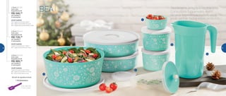 VOCÊ GANHA:
Todos os produtos do 2o
Nível +
4 | 1 Tigela Ilúmina Mint 4,3 Litros
5 | 1 Jarra Colors Mint 2 Litros
3o
Nível | 801944
Com uma
Experiência de
R$ 985,00
em vendas e
2 marcações
VOCÊ GANHA:
Todos os produtos do 1o
Nível +
2 | 1 Tigela Ilúmina Mint 2,5 Litros
2o
Nível | 801943
Com uma
Experiência de
R$ 735,00
em vendas e
2 marcações
VOCÊ GANHA:
1 | 1 Tigela Ilúmina Mint 200ml
2 | 1 Tigela Ilúmina Mint 2,5 Litros
3 | 2 Tigelas Ilúmina Mint 800ml cada
1o
Nível | 801942
Com uma
Experiência de
R$ 540,00
em vendas e
2 marcações
Brinde de agradecimento
*Cores variadas
Cód.: 801140
1 Pá Batedeira
Reúna seus amigos e receba uma
Consultora Tupperware. Além
de uma experiência incrível, você
pode ganhar todos estes produtos
BEA
Brinde
Especial
da Anfitriã
Lindo Para Servir
3
5
1
4
2
66 67
 