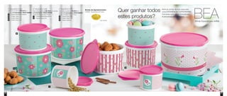 66 67
Quer ganhar todos
estes produtos?
Abra as portas da sua casa para
uma EXPERIÊNCIA TUPPERWARE!
Converse com um(a) Consultor(a)
Autônomo(a) e saiba como
Brinde de Agradecimento:
• 88539 - Espremedor de Frutas*
1º Nível • 801265
Com uma reunião de R$ 515,00 em
vendas e 2 marcações, VOCÊ GANHA:
	 1 Tupper Redondinha 500ml
	 1 Tupper Caixa 1,1L
	 1 Tupper Caixa 1,7L
	 1 Tupper Caixa 2,4L
1
2
3
4
3º Nível • 801267
Com uma reunião de R$ 940,00 em
vendas e 2 marcações, VOCÊ GANHA:
Todos os produtos do 2º nível +
	 1 Tupper Caixa 1,1L
	 1 Tupper Caixa 1,7L
	 1 Tupper Caixa 5L
2
3
5
2º Nível • 801266
Com uma reunião de R$ 700,00 em vendas
e 2 marcações, VOCÊ GANHA:
Todos os produtos do 1º nível +
	 1 Tupper Redondinha 500ml
	 1 Tupper Caixa 2,4L
1
4
1
2
3
5
4
*cores diversas
 