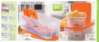 Refrigerador
                                  O Fresh Smart
                                  foi desenvolvido
                                                                      Linha Fresh Smart
                                                                                                                 30                  %
                                  especialmente para
                                  conservar por mais
                                  tempo o frescor                                                               até
                                  de verduras, legumes
                                  e frutas no refrigerador.
                                  Veja abaixo como utilizar
                                                                                                                          de desconto
                                  as válvulas do pote de
                                  acordo com o alimento.                                                              na Linha Fresh Smart
                                                                                                                                                                  3




                                  Conserva:                                                                 1
                                  • Alcachofra    • Brócolis
                                  • Escarola      • Ervilhas
                                  • Espinafre     • Milho
                                  • Couve de Bruxelas
          MUITO AR
     Com duas válvulas abertas




                                  Conserva:
                                  • Feijão          • Alho Poró
                                                                                                                                                                      1000ml
                                  • Repolho
                                  • Pimentas
                                                    • Hortaliças
                                                    • Couve-Flor                                   4600ml
                                  • Alface e Folhas
     AR EM MODERAÇÃO              • Cebolinha Verde
      Com uma válvula aberta      Frutas Cítricas:
         e a outra fechada        Laranja, Limão, Tangerina e Lima.
                                  Pêra e Maçã
                                                                                                                                                    2


                                  Conserva:
                                  • Aspargo         • Nabo
                                  • Beterraba       • Aipo
                                                                      1 84791                                                                                                   3 84789
                                                                       Fresh Smart Retangular                                                                                    Fresh Smart Retangular
                                  • Cogumelos
                                  • Quiabo
                                                    • Cenoura
                                                    • Rabanete         Grande - 4600ml                                              2 84790                            1600ml    Pequeno - 1000ml
          POUCO AR                • Abóbora         • Pepino           37,8 X 15,1 X 13cm                                             Fresh Smart Retangular                     15,1 X 15,1 X 8,6cm
     Com duas válvulas fechadas   Cerejas frescas, Tomates                                                                            Médio - 1600ml
                                  maduros, Frutas frescas              Preço sugerido:   R$76,99                                      22,8 X 15,1 X 8,6cm
                                                                                                                                                                                 Preço sugerido:   R$43,99
                                  cortadas e todos os tipos de
                                  frutas maduras.                      Por apenas:   R$65,99                                          Preço sugerido:   R$54,99                  Por apenas:   R$30,49
18                                                                                                                                                                                                               19
 