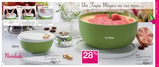 Feliz 2012
                                  Para abrir:                                          Para fechar:
                                                                                                                            Um Toque Mágico na sua mesa...
                Passo 1                               Passo 2                  Possui fechamento de um único
     Apoie um dos polegares no centro     Com a outra mão apoie o polegar     toque, basta uma simples pressão
               da tampa.                   perto da aba e utilize as pontas   do polegar no centro da tampa até
                                           dos dedos para abrir a tampa.                ouvir um “clic”.




                                                                                                                                                      4,3 litros


                      550ml



       Novidade                                                                            86909
                                                                                           Toque Mágico Tigela Pequena
                                                                                           550ml
                                                                                           Preço sugerido:   R$27,49
                                                                                                                            28    de desconto
                                                                                                                                             %
                                                                                                                             na Toque Mágico Tigela
                                                                                                                                                                   86908
                                                                                                                                                                   Toque Mágico Tigela Grande
                                                                                                                                                                   4,3 litros
                                                                                                                                                                   Preço sugerido:   R$76,99
                                                                                           Por apenas:       R$21,     99
                                                                                                                                    Grande
                                                                                                                                                                   Por apenas:       R$54,99
10                                                                                                                                                                                                  11
 