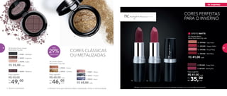 CORES CLÁSSICAS
OU METALIZADAS
4. 96999 - Mulberry
NC Sombra Colour Impact
Nutrimetics 1g cada
R$ 55,00 cada
2. 96997 - Espresso
1. 97001 - Midnight
3. 96998 - Ballet
49,00Por
R$
Preço sugerido:
R$ 55,00
•	Mineral mica que adiciona efeito metalizado, brilho e luminosidade
46,00Por
R$
Preço sugerido:
R$ 65,00 cada
cada
5. 97020 - Galaxy
6. 97018 - Cosmos
NC Sombra Baked
Nutrimetics 1,5g cada
9. 97019 - Astro
7. 97021 - Vênus
R$ 65,00 cada
8. 97017 - Eclipse
CORES PERFEITAS
PARA O INVERNO
R$ 41,00 cada
EFEITO MATTE
NC Express Batom
Matte Nutrimetics 4g cada
11. 901245 - Happy Hellen
12. 901246 - Proud Patty
13. 901242 - Mad Mary
10. 901244 - Lazy Laura
15. 901247 - Beauty Bia
14. 901243 - Crazy Carla
35,00Por
R$
Preço sugerido:
R$ 41,00 cada
cada15.14.
•	Textura aveludada
4.
6.
29%Desconto
Até
Atenção: a cor do batom pode variar de acordo com a forma de aplicação do produto e com o tom dos lábios de cada pessoa.
nc express
78 7978 7979
 