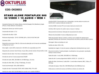 COD: OK20055

   STAND ALONE PENTAPLEX 960
   32 VIDEO + 16 AUDIO + WEB +
                3G                                                                         Interface RS232: Comunicação com o computador, sinal de saída em acordo com
                                                                                           EIA/TIA-232-F, máxima tensão de entrada 25 V
Compativel Sistema 3G: Simbian (Nokia), Android (Google), Rim (Blackberry), Apple
(iPhone e iPad), Netbook e Smartphone.                                                     Interface RS485: Controle PTZ com tensão máxima do sinal de 12V

Bloqueio de câmera por nível de usuário:                                                   Interface USB: 2 portas 2.0, sendo 1 para o mouse e 1 backup

Compressão de áudio: G. 711                                                                Mascaramento de câmeras: Detecção de mascaramento de câmera

Compressão de vídeo: H.264                                                                 Máscara de privacidade: 4 zonas configuráveis por canal

Resolucao de gravação : 1CH D1 720*480 120F. e 15CH CIF 352*240 120F                       Modo de gravação: Manual, contínua, contínua com condição de sobreescrever,
                                                                                           agendada, detecção de movimento, mascaramento da câmera, perda de vídeo e alarme
Consumo: 25 W
                                                                                           Montagem: Mesa ou bandeja em rack
Detecção de movimento: 396 (22 x 18) zonas de detecção com 6 níveis de sensibilidade
configurável por canal                                                                     Padrões de vídeo: NTSC e PAL

Disco rígido: 1 porta SATA, máximo de 1 HD SATA com capacidade para 4 TB                   Qualidade da imagem: 6 níveis de ajustes configuráveis individualmente por canal

Dispositivo de controle: Painel frontal, mouse USB, controle remoto infravermelho e rede   Recursos do sistema: Função pentaplex: visualização ao vivo, gravação, reprodução,
                                                                                           backup e acesso remoto
Divisão da tela de vídeo: Tela cheia e multiplexada, 1/4/8/16
                                                                                           Saídas de áudio: 1 canal, BNC, 200-3000 mV, 5 K&Omega;
Entradas de alarme: 8 canais programáveis NA/NF
                                                                                           Saídas de relé: 3 canais programáveis NA/NF, 30 VDC 2 A - 125 VAC 1 A
Entradas de áudio: BNC, 200-2800 mV, 30 K&Omega;, 16 canais
                                                                                           Saídas de vídeo: (monitores) 1 saída VGA + 1 canal vídeo composto, BNC, 1.0Vp-p, 75
Entradas de vídeo: BNC, 1,0 Vpp, 75 &Omega;, 16 canais                                     &Omega.

Fonte de alimentação: 100 a 240V 50/60 Hz                                                  Utilização de espaço: Vídeo (56 a 500 MB/h)/Áudio (14,4 MB/h)escricao.

Funções de rede: Transmissão TCP/IP, DHCP, DDNS, PPOE, FTP e NTP                           Ainda possui o sistema de acesso via telefones celulares via sistema 3G.

Interface de rede: RJ45 (10/100 Mbps) em acordo com o padrão IEEE802.3
 