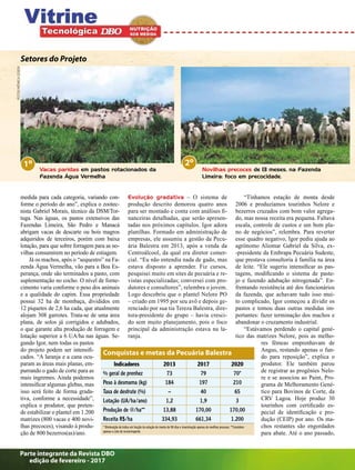 A	 DBO março 2015
medida para cada categoria, variando con-
forme o período do ano”, explica o zootec-
nista Gabriel Morais, técnico da DSM/Tor-
tuga. Nas águas, os pastos extensivos das
Fazendas Limeira, São Pedro e Manacá
abrigam vacas de descarte ou bois magros
adquiridos de terceiros, porém com baixa
lotação, para que sobre forragem para as no-
vilhas consumirem no perío­do de estiagem.
Já os machos, após o “sequestro” na Fa-
zenda Água Vermelha, vão para a Boa Es-
perança, onde são terminados a pasto, com
suplementação no cocho. O nível de forne-
cimento varia conforme o peso dos animais
e a qualidade do capim. Essa propriedade
possui 32 ha de mombaça, divididos em
12 piquetes de 2,6 ha cada, que atualmente
alojam 308 garrotes. Trata-se de uma área
plana, de solos já corrigidos e adubados,
o que garante alta produção de forragem e
lotação superior a 6 UA/ha nas águas. Se-
gundo Igor, nem todas os pastos
do projeto podem ser intensifi-
cados. “A laranja e a cana ocu-
param as áreas mais planas, em-
purrando o gado de corte para as
mais íngremes. Ainda podemos
intensificar algumas glebas, mas
isso será feito de forma grada-
tiva, conforme a necessidade”,
explica o produtor, que preten-
de estabilizar o plantel em 1.200
matrizes (800 vacas e 400 novi-
lhas precoces), visando à produ-
ção de 800 bezerros(as)/ano.
Evolução gradativa – O sistema de
produção descrito demorou quatro anos
para ser montado e conta com análises fi-
nanceiras detalhadas, que serão apresen-
tadas nos próximos capítulos. Igor adora
planilhas. Formado em administração de
empresas, ele assumiu a gestão da Pecu-
ária Balestra em 2013, após a venda da
Centroálcool, da qual era diretor comer-
cial. “Eu não entendia nada de gado, mas
estava disposto a aprender. Fiz cursos,
pesquisei muito em sites de pecuária e re-
vistas especializadas; conversei com pro-
dutores e consultores”, relembra o jovem.
Logo descobriu que o plantel Nelore PO
– criado em 1995 por seu avô e depois ge-
renciado por sua tia Tereza Balestra, dire-
tora-presidente do grupo – havia cresci-
do sem muito planejamento, pois o foco
principal da administração estava na la-
ranja.
“Tínhamos estação de monta desde
2006 e produzíamos tourinhos Nelore e
bezerros cruzados com bom valor agrega-
do, mas nossa receita era pequena. Faltava
escala, controle de custos e um bom pla-
no de negócios”, relembra. Para reverter
esse quadro negativo, Igor pediu ajuda ao
agrônomo Aliomar Gabriel da Silva, ex-
-presidente da Embrapa Pecuária Sudeste,
que prestava consultoria à família na área
de leite. “Ele sugeriu intensificar as pas-
tagens, modificando o sistema de paste-
jo e fazendo adubação nitrogenada”. En-
frentando resistência até dos funcionários
da fazenda, que achavam tudo isso mui-
to complicado, Igor começou a dividir os
pastos e tomou duas outras medidas im-
portantes: fazer terminação dos machos e
abandonar o cruzamento industrial.
“Estávamos perdendo o capital gené-
tico das matrizes Nelore, pois as melho-
res fêmeas emprenhavam de
Angus, restando apenas o fun-
do para reposição”, explica o
produtor. Ele também parou
de registrar as progênies Nelo-
re e se associou ao Paint, Pro-
grama de Melhoramento Gené-
tico para Bovinos de Corte, da
CRV Lagoa. Hoje produz 30
tourinhos com certificado es-
pecial de identificação e pro-
dução (CEIP) por ano. Os ma-
chos restantes são engordados
para abate. Até o ano passado,
Conquistas e metas da Pecuária Balestra
Indicadores 2013 2017 2020
% geral de prenhez 73 79 70*
Peso à desmama (kg) 184 197 210
Taxa de desfrute (%) – 40 65
Lotação (UA/ha/ano) 1,2 1,9 3
Produção de @/ha** 13,88 170,00 170,00
Receita R$/ha 334,93 661,34 1.200
* Diminuição do índice em função da estação de monta de 90 dias e inseminação apenas de novilhas precoces. **Considera
apenas o ciclo de recria/engorda
1o 2o
Vacas paridas em pastos rotacionados da
Fazenda Água Vermelha
Novilhas precoces de 13 meses, na Fazenda
Limeira: foco em precocidade.
Setores do Projeto
FotosMônicaCosta
Parte integrante da Revista DBO
edição de fevereiro - 2017
 
