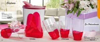 35
linha |Elegância




                                                                                          SERVIR
86773
Jarra Elegância - 1,6 Litros
16,5 x 9,5 x 21,9cm
Preço sugerido: R$106,99

Por apenas: R$     94,49


                                                          Em Policarbonato




                                                         86772
                                                         Copo Elegância - 475ml cada
                               1,6 Litros   475ml cada   8,4cm de diâm. x 14,5cm de alt. cada
34                                                       Preço sugerido:   R$34,99 cada
 