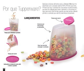 20
Por que Tupperware?
Ideal para conservar alimentos secos, o Modular Millennium foi
desenhado com o inovador sistema PEPS (Primeiro que Entra,
Primeiro que Sai). O produto tem uma tampa na parte de baixo,
que deve ser utilizada para inserir o alimento; e uma tampa no
topo, para servir. Este formato, garante que seja sempre utilizado
primeiro o conteúdo que está há mais tempo armazenado.
Conserva por
mais tempo
os alimentos
Tampa para servir
Visor que permite
enxergar o conteúdo
1
Tampa para abastecer o produto
Indicações na tampa de como abrir
e fechar o produto
Tampa para servir
LANÇAMENTOS
 