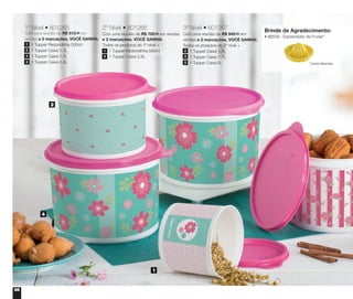 66
Brinde de Agradecimento:
• 88539 - Espremedor de Frutas*
1º Nível • 801265
Com uma reunião de R$ 515,00 em
vendas e 2 marcações, VOCÊ GANHA:
	 1 Tupper Redondinha 500ml
	 1 Tupper Caixa 1,1L
	 1 Tupper Caixa 1,7L
	 1 Tupper Caixa 2,4L
1
2
3
4
3º Nível • 801267
Com uma reunião de R$ 940,00 em
vendas e 2 marcações, VOCÊ GANHA:
Todos os produtos do 2º nível +
	 1 Tupper Caixa 1,1L
	 1 Tupper Caixa 1,7L
	 1 Tupper Caixa 5L
2
3
5
2º Nível • 801266
Com uma reunião de R$ 700,00 em vendas
e 2 marcações, VOCÊ GANHA:
Todos os produtos do 1º nível +
	 1 Tupper Redondinha 500ml
	 1 Tupper Caixa 2,4L
1
4
1
2
4
*cores diversas
 