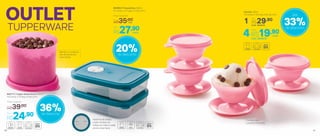 800717 | Tupper Redondinha 500ml
11,6 comp. X 13 larg. X 9 alt. (cm)
Por
R$24,90
Preço Sugerido
R$39,00
Tacinha 130ml
11,3 comp. X 10,1 larg. X 6,3 alt. (cm)
20%de desconto
36%de desconto
Mantém a crocância
dos alimentos por
mais tempo
Perfeita para
porções individuais
OUTLET
TUPPERWARE
Sistema de datas:
cada número se
refere ao mês e cada
ponto à semana
802854 | Freezertime 300ml
11,1 comp. X 7,7 larg. X 7,3 alt. (cm)
Por
R$27,90
Preço Sugerido
R$35,00cada
cada
Cód.: 803619
1
Por:
R$29,90
cada4 Cód.: 804075
Por:
R$19,90
33%de desconto
Até
60 61
 