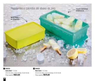 44
800639
Caixa Ideal - 1,4 Litro
23cm de comp. x 14cm de larg. x 6,5cm de alt.
Preço sugerido: R$53,00
1 800658
Maxi Caixa - 2,5 Litros
30,5cm de comp. x 16,7cm de larg. x 8,7cm de alt.
Preço sugerido: R$78,90
2
2
1
Resistentes e coloridos até abaixo de zero Suporta baixíssimas
temperaturas
Vai ao freezer e
ao refrigerador
 