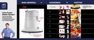 4 8 | L I N H A G O U R M E T
Fundo emborrachado
que não desliza e fixa
na superfície
Encaixe
do suporte
Trava de
segurança
Espremedor
de cítricos
Suco de frutas cítricas
Amassador
Escondidinho, purê,
suflê, papinha, cremes
e caldos
Cortador
Cortes em palitos
e cubos
Moedor e
Recheador
Carne e alimentos
moídos, recheador
de linguiça e massas
Ralador, Fatiador
e Raspadinha
Alimentos ralados,
fatiados e raspadinha
de gelo
Sorveteira
Sorvetes com frutas
congeladas
Modelador
Cookies, biscoitos
em vários formatos
BASE UNIVERSAL ACESSÓRIOS+ = VOCÊ FAZ
Linha Fusion
Master System®
Comece pela Base
Universal e escolha
os acessórios de acordo
com as suas receitas
 