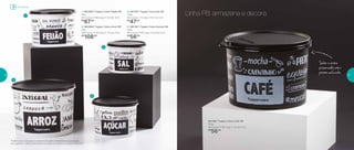 801166 | Tupper Caixa Café PB
700g
18,2 comp. X 16,7 larg. X 12,3 alt. (cm)
R$
56,00
1
2
3
4
3 | 801197 | Tupper Caixa Sal PB
1,3Kg
16,3 comp. X 15 larg. X 10,7 alt. (cm)
R$
47,00
4 | 801167 | Tupper Caixa Açúcar PB
1,4Kg
18,2 comp. X 16,7 larg. X 12,3 alt. (cm)
R$
56,00
2 | 801084 | Tupper Caixa Arroz PB*
5Kg
24,9 comp. X 23,4 larg. X 17,5 alt. (cm)
R$
108,00
1 | 801085 | Tupper Caixa Feijão PB
2Kg
20,1 comp. X 18,6 larg. X 13,3 alt. (cm)
R$
67,00
Linha PB: armazena e decora
Sabor e aroma
preservados até o
próximo cafezinho
*Podem ocorrer variações no tamanho dos grãos e densidade de cada tipo de
arroz, gerando o não armazenamento completo do alimento na Tupper Caixa Arroz
Armazenar
16 17
 