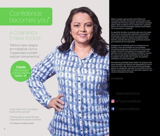 Todos os preços apresentados neste folheto são
meramente sugeridos. Os produtos apresentados serão
atendidos até o final dos estoques. Os produtos ilustrados
podem sofrer variação de cor, de acordo com o processo
gráfico. Os itens de ambientação utilizados neste folheto
não acompanham os produtos.
A capacidade de todos os produtos pode variar de acordo
com o tipo de alimento e/ou ingrediente armazenado ou
contido, pois a densidade varia de um ingrediente para
outro. Contudo, todas as medidas volumétricas foram
definidas, considerando água como parâmetro universal
para referência de sua capacidade.
A Tupperware é conhecida pelo seu compromisso em
fornecer a mais alta qualidade em seus produtos.
Os produtos Tupperware têm garantia de 10 anos contra
qualquer defeito de fabricação. Para componentes não
plásticos (metal, cristal e/ou têxteis) é aplicável a garantia
de 2 anos ou pelo tempo estabelecido na bula de uso
do produto. Essa garantia não se aplica aos produtos
cosméticos da marca Nutrimetics.
Os direitos de publicação desta edição e de qualquer outra
marca registrada nela utilizada são propriedade da Dart do
Brasil Ind. e Com. Ltda. Nenhuma parte desta publicação
poderá ser reproduzida, arquivada ou transmitida de forma
alguma e por nenhum meio, sem permissão expressa e por
escrito da detentora dos direitos.
Consultor(a):
/TupperwareBrasil
tupperware.com.br
@TupperwareBrasil
Confidence
becomes you*
A CONFIANÇA
É PARA TODOS!
“Minha maior alegria
em trabalhar com a
Tupperware é poder
realizar treinamentos.”
E para você, como a confiança
transformou sua vida?
Conheça esta e outras histórias
inspiradoras nos próximos Vitrines
*A Confiança Transforma Você
Cleide
Distribuição
Central Marília
Marília - SP
2
 