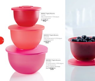 89959 | Tigela Murano
1,3 Litro
18,6 comprimento X 17,8 largura
X 11,6 altura (cm)
R$
40,00
800559 | Tigela Murano
2,5 Litros
22,8 comprimento X 21,8 largura
X 12,8 altura (cm)
R$
52,00
800396 | Tigela Murano
4,3 Litros
27 comprimento X 25,8 largura
X 14,8 altura (cm)
Preço sugerido: R$ 79,00
Por: R$
56,00
28
 