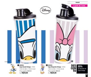 37
Infantil
25%
de desconto nos
Copos Vintage
DES
CON
TO
800955
Copo Margarida Vintage - 470ml
7,8cm de diâm. x 19,4cm de alt.
Preço sugerido: R$39,00
Por: R$29,00
2800954
Copo Donald Vintage - 470ml
7,8cm de diâm. x 19,4cm de alt.
Preço sugerido: R$39,00
Por: R$29,00
1
A partir de 2 anos
1 2
 