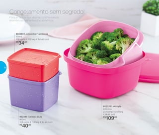 802389 | Jeitosinho Framboesa
500ml
12,8 comp. X 11,2 larg. X 5,6 alt. (cm)
R$
34,00
802390 | Jeitoso Lilás
900ml
12,8 comp. X 11,2 larg. X 9,2 alt. (cm)
R$
40,00
802320 | Múltipla
2,5 Litros
23,1 comp. X 23,1 larg.
X 14 alt. (cm)
R$
109,00
Porque facilita sua vida na cozinha e ainda
mantém os nutrientes dos alimentos.
Congelamento sem segredo!
30
 