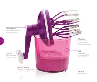 Funil Integrado
Para despejar líquidos
sem abrir a tampa
6 Batedores
Para a mistura
de pequenas ou
grandes quantidades
Base
Transparente
para visualização
dos ingredientes
Borracha
Antiderrapante
Escala de Medidas
Gravada na base, facilita a
medição dos ingredientes
Manivela
Para facilitar na
hora de misturar
38
 