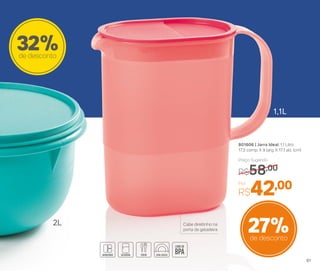 32%de desconto
801606 | Jarra Ideal 1,1 Litro
17,5 comp. X 9 larg. X 17,1 alt. (cm)
Por
R$42,00
Preço Sugerido
R$58,00
27%de desconto
1,1L
2L Cabe direitinho na
porta da geladeira
61
 