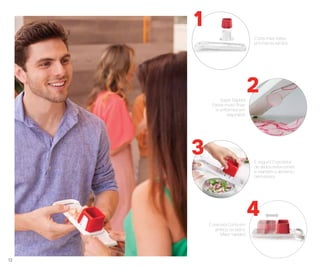 12
É preciso! Corta em
ambos os lados.
Maior rapidez!
4
É seguro! O protetor
de dedos evita cortes
e mantém o alimento
bem preso!
3
Super Rápido!
Fatias muito finas
e uniformes em
segundos!
2
Corta mais fatias
em menos tempo
1
12
 