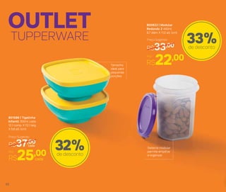 OUTLET
TUPPERWARE 33%de desconto
800822 | Modular
Redondo 2 440ml
8,7 diâm X 11,5 alt. (cm)
Por
R$22,00
Preço Sugerido
R$33,00
32%de desconto
801586 | Tigelinha
Infantil 300ml cada
12,1 comp. X 12,1 larg.
X 5,6 alt. (cm)
Por
R$25,00
Preço Sugerido
R$37,00cada
cada
Tamanho
ideal para
pequenas
porções
Sistema modular
permite empilhar
e organizar
62
 