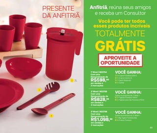 PRESENTE
DA ANFITRIÃ
APROVEITE A
OPORTUNIDADE
Anfitriã, reúna seus amigos
e receba um Consultor
Todos os produtos do 2o
Nível +
7 | 1 Big Tigela Floresta 5,6L
8 | 4 Pratos Floresta
3o
Nível | 803756
Com uma
Demonstração de
R$1.098,00
em vendas e
2 marcações
Todos os produtos do 1o
Nível +
5 | 4 Tigelas Floresta 700ml
6 | 2 Tigelas para Dip Floresta 470ml
2o
Nível | 803755
Com uma
Demonstração de
R$828,00
em vendas e
2 marcações
1 | 4 Copos Floresta 530ml
2 | 1 A Jarra Colors 2L
3 | 1 Garfo Redondo
4 | 1 Colher
1o
Nível | 803754
Com uma
Demonstração de
R$598,00
em vendas e
2 marcações
VOCÊ GANHA:
VOCÊ GANHA:
VOCÊ GANHA:
2 2L
4
3
Você pode ter todos
esses produtos incríveis
TOTALMENTE
GRÁTIS
65
 