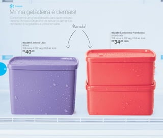 802390 | Jeitoso Lilás
900ml
12,8 comp. X 11,2 larg. X 9,2 alt. (cm)
R$
40,00
802389 | Jeitosinho Framboesa
500ml cada
12,8 comp. X 11,2 larg. X 5,6 alt. (cm)
R$
34,00 cada
Comer bem é um grande desafio para quem está na
correria. Por isso, congelar e conservar os alimentos
no freezer e na geladeira é a melhor saída.
Minha geladeira é demais!
Não racha!
Freezer
38
 