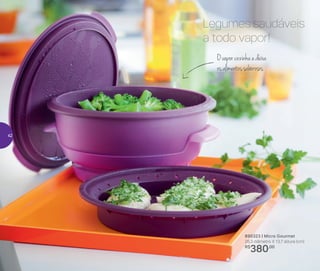 Ovaporcozinhaedeixa
osalimentossaborosos
Legumes saudáveis
a todo vapor!
890323 | Micro Gourmet
26,3 diâmetro X 13,7 altura (cm)
R$
380,00
42
 