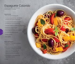 Espaguete Colorido
Tempo de preparo: 20 minutos
Rendimento: 2 porções
Ingredientes:
- 250 gramas de espaguete
- ½ xícara de pimentões vermelhos
cortados em cubos pequenos
- ½ xícara de pimentões amarelos
cortados em cubos pequenos
- 1 tomate maduro cortado em 8 gomos
- Azeitonas pretas a gosto
- Folhinhas de manjericão a gosto
- ½ xícara de cebola picada
- Azeite a gosto
•	Sal a gosto
Modo de Preparo:
1. Cozinhe o macarrão no Instant
Massa e escorra
2. Em uma panela doure a cebola
no azeite e refogue levemente
os pimentões, o tomate, as
azeitonas e o manjericão,
acrescentando sal a gosto
3. Acrescente o espaguete aos
legumes e misture
4. Sirva
44
 