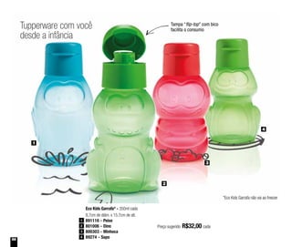 56
1
3
4
2
Tupperware com você
desde a infância
Tampa “flip-top” com bico
facilita o consumo
Preço sugerido: R$32,00 cada
Eco Kids Garrafa* - 350ml cada
8,7cm de diâm. x 15,7cm de alt.
891116 - Peixe
801006 - Dino
800303 - Minhoca
89274 - Sapo
1
2
3
4
*Eco Kids Garrafa não vai ao freezer
 