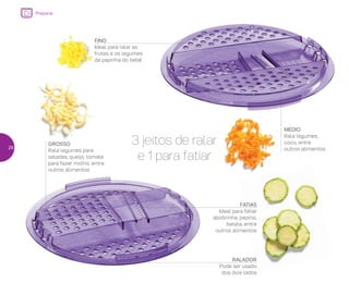 FATIAS
Ideal para fatiar
abobrinha, pepino,
batata, entre
outros alimentos
RALADOR
Pode ser usado
dos dois lados
GROSSO
Rala legumes para
saladas, queijo, tomate
para fazer molho, entre
outros alimentos
FINO
Ideal para ralar as
frutas e os legumes
da papinha do bebê
MÉDIO
Rala legumes,
coco, entre
outros alimentos
3 jeitos de ralar
e 1 para fatiar
Preparar
26
 