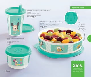 ® Disney
Tampa com
a carinha
do Mickey
802665 | Copinho com Bico Baby Disney
200ml
8 diâm. X 12,6 alt. (cm)
Preço sugerido: R$35,00
Por: R$
26,00
802675 | Potinho Baby Disney
140ml
8,3 diâm. X 5,3 alt. (cm)
R$
21,00
802686 | Tupper Pratinho Baby Disney
500ml
18,1 comp. X 16,7 larg. X 4,8 alt. (cm)
R$
43,00
a partir de 2 anos
de desconto no
Copinho com Bico
Baby Disney 200ml
25%
57
 