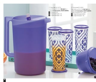 66
5
4
1
1º Nível • 801679
Com uma experiência de R$ 540,00 em
vendas e 2 marcações, VOCÊ GANHA:
	 2 Copos 470ml
	 1 Tigela Sensação 1,2L
	 1 Tigela Sensação 1,8L
1
2
3
2º Nível • 801680
Com uma experiência de R$ 735,00 em
vendas e 2 marcações, VOCÊ GANHA:
Todos os produtos do 1º nível +
	 1 Tigela Sensação 600ml
	 1 Tigela Sensação 1,8L
4
3
 