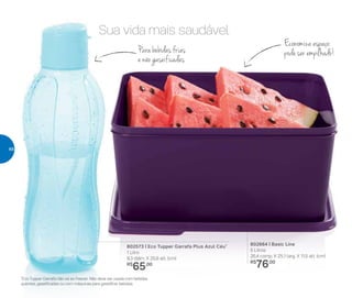 802664 | Basic Line
5 Litros
26,4 comp. X 25,1 larg. X 11,5 alt. (cm)
R$
76,00
802573 | Eco Tupper Garrafa Plus Azul Céu*
1 Litro
9,3 diâm. X 25,8 alt. (cm)
R$
65,00
Sua vida mais saudável
Economiza espaço:
pode ser empilhado!Parabebidasfrias
e não gaseificadas
*Eco Tupper Garrafa não vai ao freezer. Não deve ser usada com bebidas
quentes, gaseificadas ou com máquinas para gaseificar bebidas.
48
 