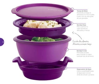 Cozinhe dois alimentos
diferentes ao mesmo tempo
Tampa de Metal
Revestida, protege os
alimentos no micro-ondas
e vem com as instruções
de uso gravadas
Bandeja Funda
Perfurada na base,
para cozinhar no vapor
qualquer tipo de alimento
Reservatório de Água
Indica a quantidade exata
de água para colocar
antes de utilizar o produto
Bandeja Rasa
Para cozinhar no
vapor alimentos
delicados e macios
36
 