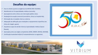 Desafios da equipe:
 Foco no cliente quanto às exigências da ANVISA (RDC 50/2002);
 Atendimento às 53 especialidades médicas (consulta);
 Aprovação de centro clínico com internação (público alvo);
 Ampliação da vocação comercial (consultório, clínica ou hospital-dia);
 Otimização das circulações interna e externa;
 Adequação da edificação para instalações e equipamentos específicos (ex:
clínica de imagem, gases);
 Arquitetura capaz de atender diversas especialidades médicas (layout
flexível);
 Aprovação juntos aos órgãos competentes (ADM, CBMDF, ANVISA, SEDHAB);
 Certificação Sustentável AQUA (1º empreendimento no segmento).
 