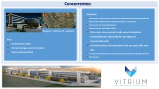Concorrentes:
Biosphere – SHLN lote 09 – Asa Norte
Prós:
 Pé-direito de 2,78m;
 Torneira de água quente nas salas;
 Possui antena coletiva.
Contras:
Concorrente utiliza alvenaria convencional dificultando possíveis alterações de
layout o que também pode ocasionar em danos a sala vizinha;
Concorrente não possui bicicletário;
Concorrente não possui Selo AQUA;
 O corredor do concorrente não possui dimensões
necessárias para existência de internação no
empreendimento;
 As áreas comuns do concorrente não possuem DML nem
WC;
O concorrente não possui um programa de reaproveitamento de águas pluviais.
Piso elevado.
 