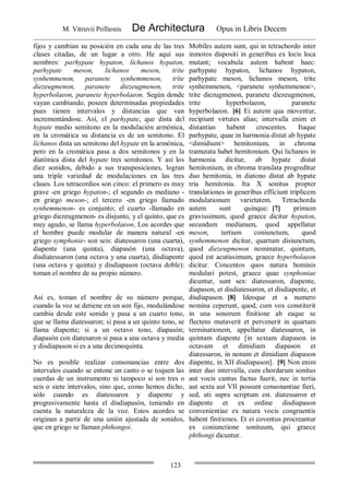 M. Vitruvii Pollionis De Architectura Opus in Libris Decem
123
fijos y cambian su posición en cada una de las tres
clases citadas, de un lugar a otro. He aquí sus
nombres: parhypate hypaton, líchanos hypaton,
parhypate meson, lichanos meson, trite
synhemmenon, paranete synhemmenon, tríte
diezeugmenon, paranete diezeugmenon, trite
hyperbolaeon, paranete hyperbolaeon. Según donde
vayan cambiando, poseen determinadas propiedades
pues tienen intervalos y distancias que van
incrementándose. Así, el parhypate, que dista del
hypate medio semitono en la modulación armónica,
en la cromática su distancia es de un semitono. El
líchanos dista un semitono del hypate en la armónica,
pero en la cromática pasa a dos semitonos y en la
diatónica dista del hypate tres semitonos. Y así los
diez sonidos, debido a sus transposiciones, logran
una triple variedad de modulaciones en las tres
clases. Los tetracordios son cinco: el primero es muy
grave -en griego hypaton-; el segundo es mediano -
en griego meson-; el tercero -en griego llamado
synhemmenon- es conjunto; el cuarto -llamado en
griego diezeugmenon- es disjunto, y el quinto, que es
muy agudo, se llama hyperbolaeon, Los acordes que
el hombre puede modular de manera natural -en
griego symphonie- son seis: diatessaron (una cuarta),
diapente (una quinta), diapasón (una octava),
disdiatessaron (una octava y una cuarta), disdiapente
(una octava y quinta) y disdiapason (octava doble):
toman el nombre de su propio número.
Así es, toman el nombre de su número porque,
cuando la voz se detiene en un son fijo, modulándose
cambia desde este sonido y pasa a un cuarto tono,
que se llama diatessaron; si pasa a un quinto tono, se
llama diapente; si a un octavo tono, diapasón;
diapasón con diatesaron si pasa a una octava y media
y disdiapason si es a una decimoquinta.
No es posible realizar consonancias entre dos
intervalos cuando se entone un canto o se toquen las
cuerdas de un instrumento ni tampoco si son tres o
seis o siete intervalos, sino que, como hemos dicho,
sólo cuando es diatessaron y diapente y
progresivamente hasta el disdiapasón, teniendo en
cuenta la naturaleza de la voz. Estos acordes se
originan a partir de una unión ajustada de sonidos,
que en griego se llaman phthongoi.
Mobiles autem sunt, qui in tetrachordo inter
inmotos dispositi in generibus ex locis loca
mutant; vocabula autem habent haec:
parhypate hypaton, lichanos hypaton,
parhypate meson, lichanos meson, trite
synhemmenon, <paranete synhemmenon>,
trite diezugmenon, paranete diezeugmenon,
trite hyperbolaeon, paranete
hyperbolaeon. [6] Ei autem qua moventur,
recipiunt virtutes alias; intervalla enim et
distantias habent crescentes. Itaque
parhypate, quae in harmonia distat ab hypate
<dimidium> hemitonium, in chroma
tramutata habet hemitonium. Qui lichanos in
harmonia dicitur, ab hypate distat
hemitonium, in chroma translata progreditur
duo hemitonia, in diatono distat ab hypate
tria hemitonia. Ita X sonitus propter
translationes in generibus efficiunt triplicem
modulationum varietatem. Tetrachorda
autem sunt quinque: [7] primum
gravissimum, quod graece dicitur hypaton,
secundum medianum, quod appellatur
meson, tertium coniunctum, quod
synhemmenon dicitur, quartum disiunctum,
quod diezeugmenon nominatur, quintum,
quod est acutissimum, graece hyperbolaeon
dicitur. Concentos quos natura hominis
modulari potest, graece quae synphoniae
dicuntur, sunt sex: diatessaron, diapente,
diapason, et disdiatessaron, et disdiapente, et
disdiapason. [8] Ideoque et a numero
nomina ceperunt, quod, cum vox constiterit
in una sonorum finitione ab eaque se
flectens mutaverit et pervenerit in quartam
terminationem, appellatur diatessaron, in
quintam diapente [in sextam diapason in
octavam et dimidiam diapason et
diatessaron, in nonam et dimidiam diapason
diapente, in XII disdiapason]. [9] Non enim
inter duo intervalla, cum chordarum sonitus
aut vocis cantus factus fuerit, nec in tertia
aut sexta aut VII possunt consonantiae fieri,
sed, uti supra scriptum est. diatessaron et
diapente et ex ordine disdiapason
convenientiae ex natura vocis congruentis
habent finitiones. Et ei coventus procreantur
ex coniunctione sonituum, qui graece
phthongi dicuntur.
 