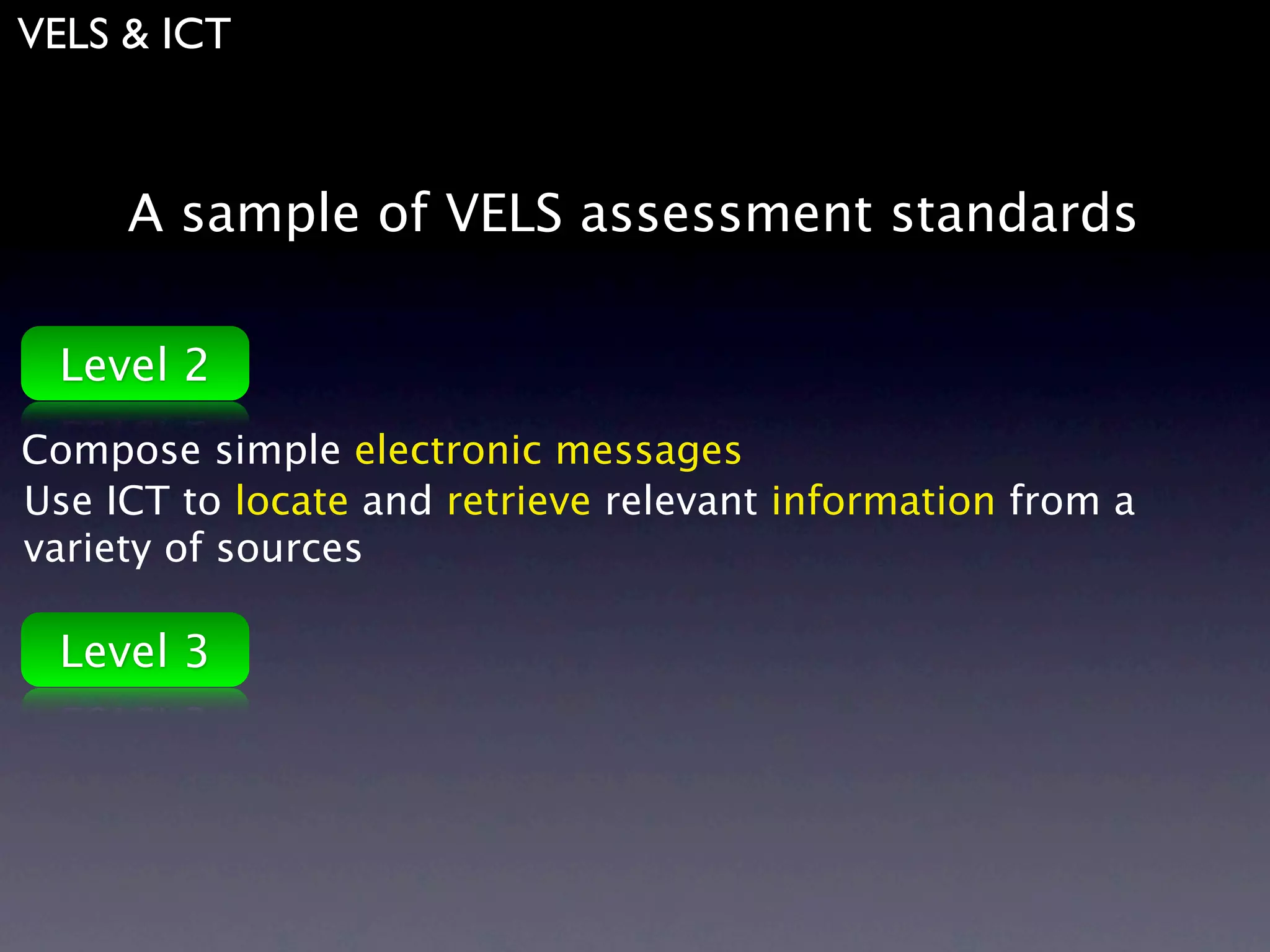VELS & ICT



     A sample of VELS assessment standards

 Level 2
Compose simple electronic messages
Use ICT to locate and retrieve relevant information from a
variety of sources

 Level 3
 