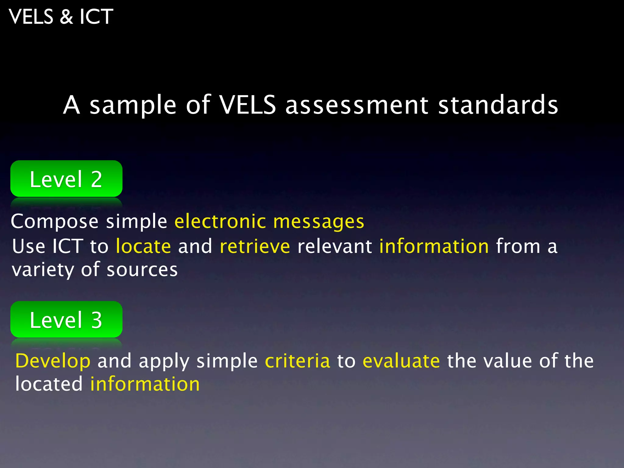 VELS & ICT



     A sample of VELS assessment standards

 Level 2
Compose simple electronic messages
Use ICT to locate and retrieve relevant information from a
variety of sources

 Level 3
Develop and apply simple criteria to evaluate the value of the
located information
 