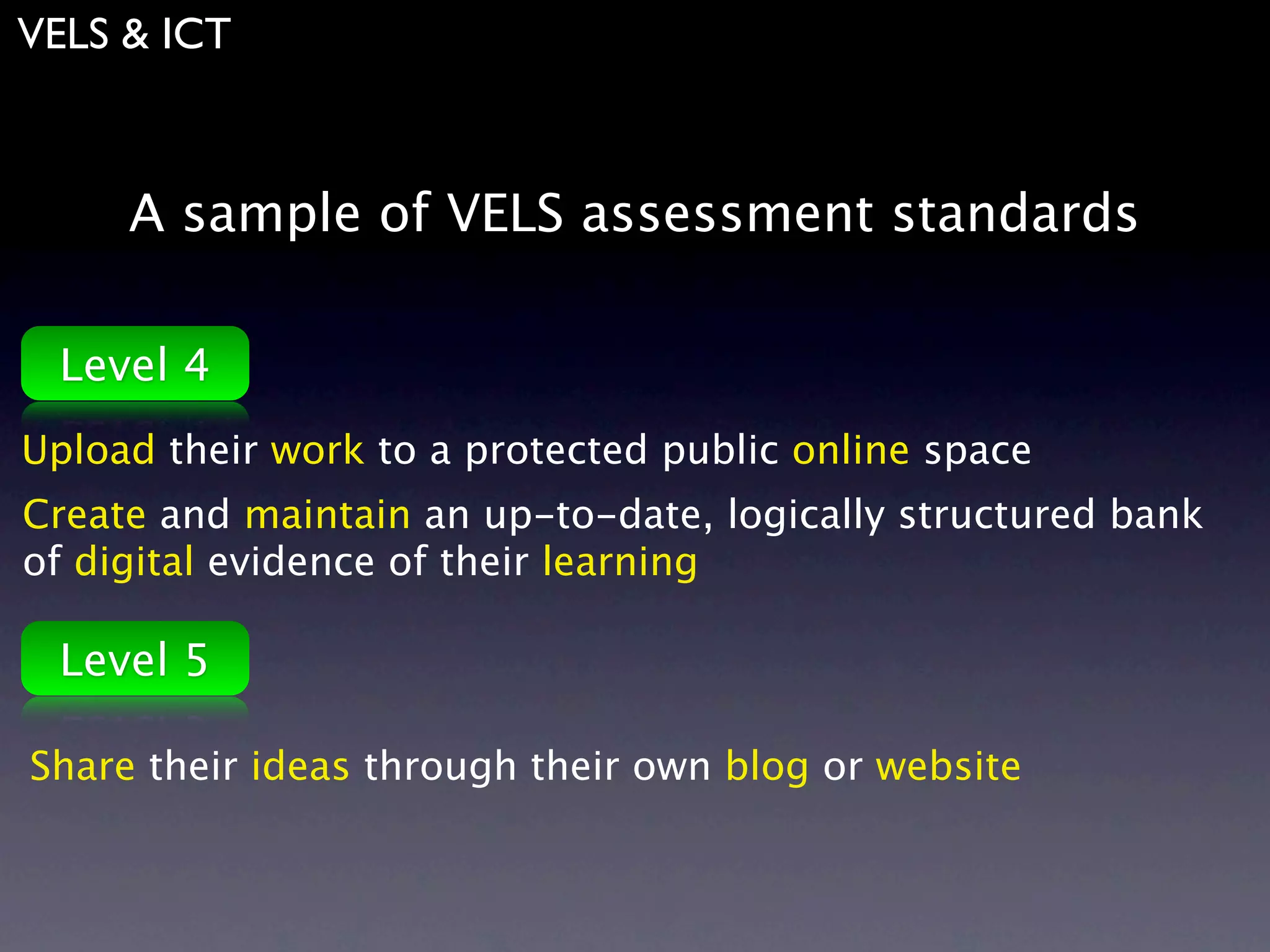 VELS & ICT



     A sample of VELS assessment standards

 Level 4
Upload their work to a protected public online space
Create and maintain an up-to-date, logically structured bank
of digital evidence of their learning

 Level 5

Share their ideas through their own blog or website
 