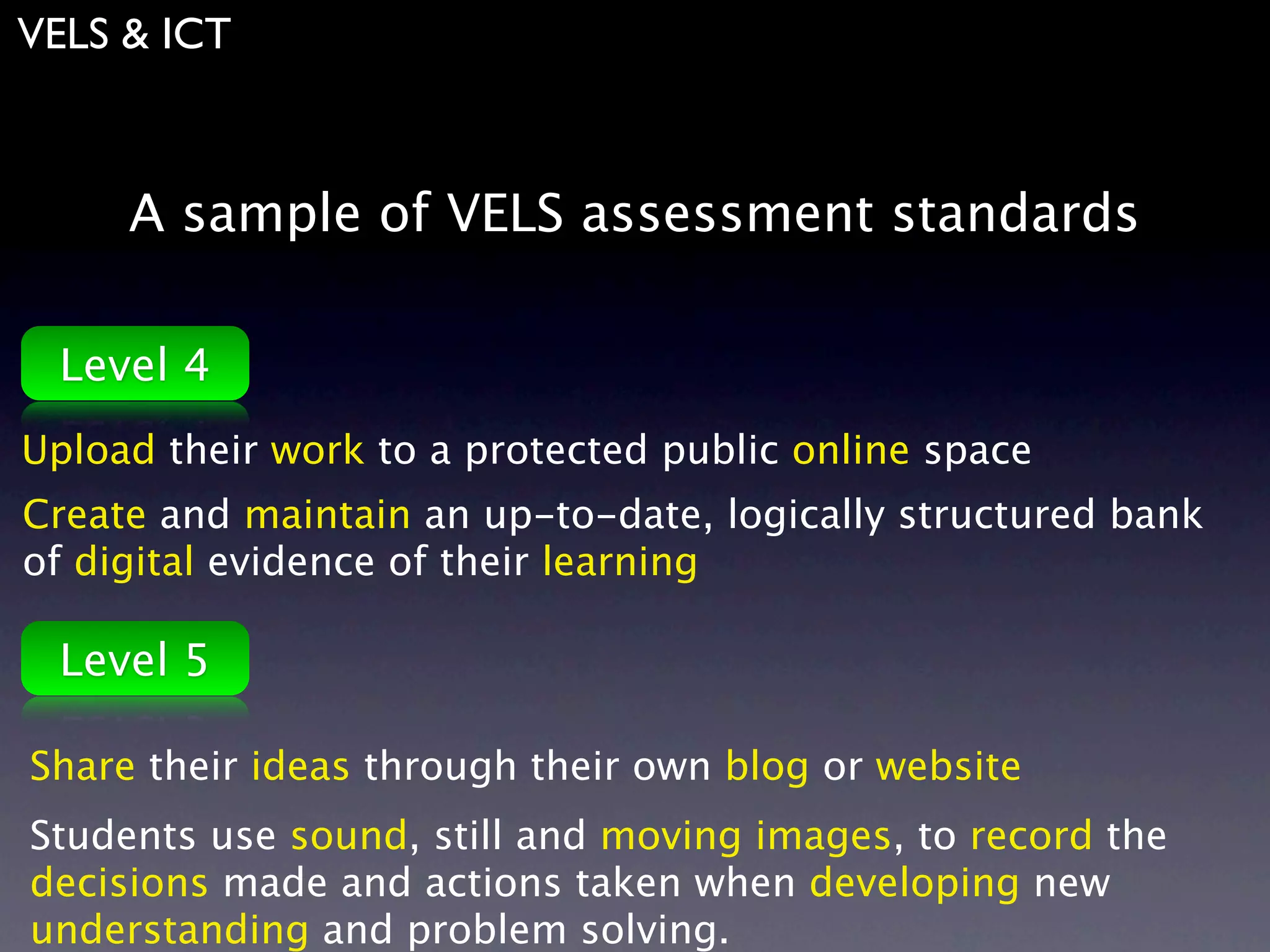 VELS & ICT



     A sample of VELS assessment standards

 Level 4
Upload their work to a protected public online space
Create and maintain an up-to-date, logically structured bank
of digital evidence of their learning

 Level 5

Share their ideas through their own blog or website
Students use sound, still and moving images, to record the
decisions made and actions taken when developing new
understanding and problem solving.
 