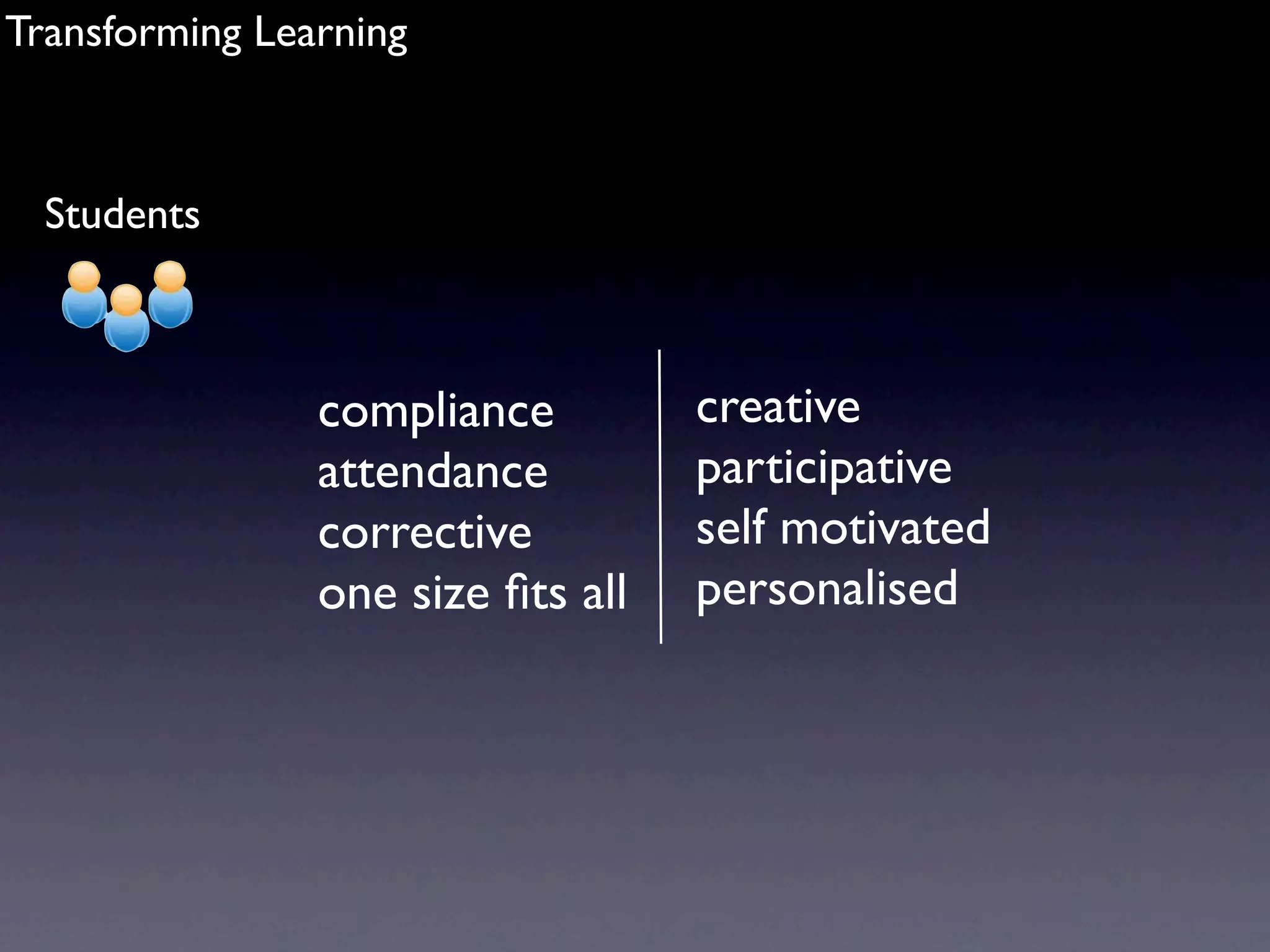 Transforming Learning



  Students



                compliance         creative
                attendance         participative
                corrective         self motivated
                one size ﬁts all   personalised
 