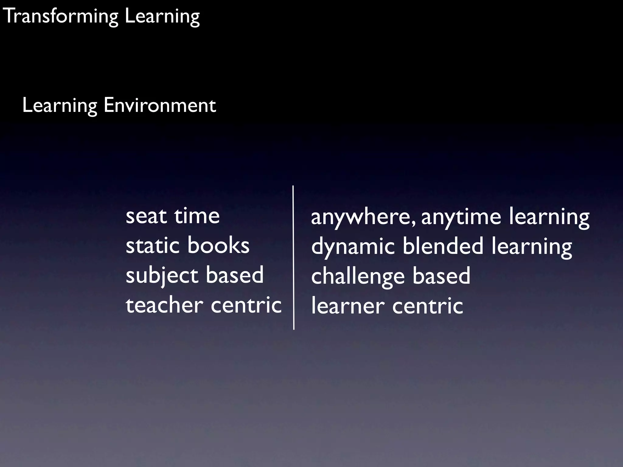 Transforming Learning



  Learning Environment




             seat time         anywhere, anytime learning
             static books      dynamic blended learning
             subject based     challenge based
             teacher centric   learner centric
 
