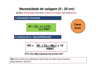 Cana-soca: (VITTI; MAZZA, 1998)
NC = (70 – V1) x CTC
10 x PRNT
CTC está expressa em mmolc/dm3
Necessidade de calagem (0 - 25 cm)
NC = 40 - ( Ca + Mg ) x 10
PRNT
CTC, Ca e Mg expresso em mmolc dm-3
*=
!
Cana
soca
! 5-.,-. 5 > +6 5 5 !
a) Obs: Amostragem em anos ímpares e calagem em anos pares.
 