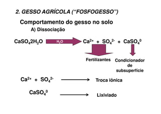 Comportamento do gesso no solo
A) Dissociação
CaSO42H2O Ca2+ + SO4
2- + CaSO4
0
Fertilizantes Condicionador
de
subsuperfície
H2O
Ca2+ + SO4
2-
CaSO4
0
Troca iônica
Lixiviado
2. GESSO AGRÍCOLA (“FOSFOGESSO”)
 
